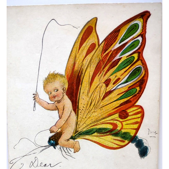 Fantasy Postcard Giant Flying Butterfly Baby On Wings DWIG Clare Victor Dwiggins - Picture 1 of 4